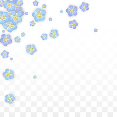 Vector Realistic Blue Flowers Falling on Transparent Background.  Spring Romantic Flowers Illustration. Flying Petals. Sakura Spa Design. Blossom Confetti. Design Elements for Wedding Decoration.