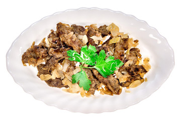 dish food from the restaurant. isolated background. view from above . side view