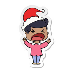 sticker cartoon of a shouting man wearing santa hat