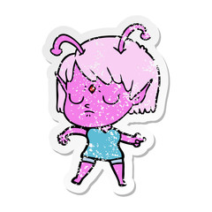 distressed sticker of a cartoon alien girl