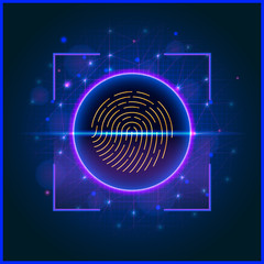 Biometric fingerprint scan for access to protected digital data. Cyber security technology concept. Vector illustration