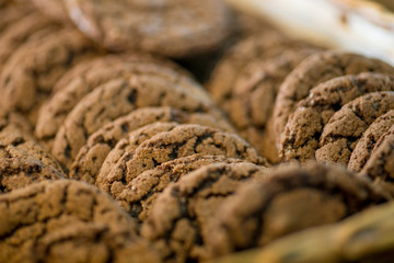 biscuits and pastries in the basket on the display of the bakery