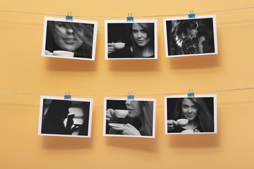 photographs hanging on a linen thread on stationery clips on a pastel colored background, the theme of coffee drink, girl advertises beverage, home and food cafeteria design