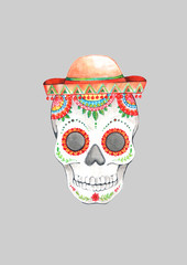 painted skull pattern in Mexican style in sombrero