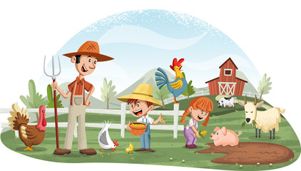 Obraz na płótnie Canvas Cartoon people and animals on the farm. Farm background.