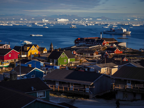 View of icebergs in Disko Bay from town of Ilulissat