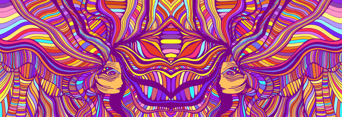Psychedelic colorfool fantasy caleidoscope girls. Vector hand drawn illustration with fantastic surreal women. Creative doodle style abstract texture.