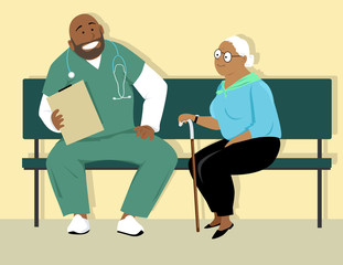 Elderly woman talking to a doctor or a male nurse in scrubs, EPS 8 vector illustration