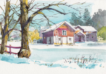 cottage in snow watercolor hand drawn