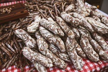 Domestic Traditional Food Smoked Sausage At Local Farmer Marketplace
