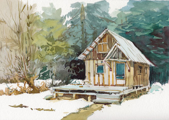 hand drawn watercolor cottage