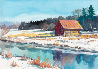 winter cottage watercolor painting hand drawn