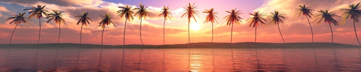 Panorama of the tropical coast at sunset, palm trees under the sun above the water, a number of palm trees at sunset on the beach,