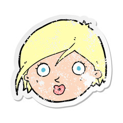 retro distressed sticker of a cartoon surprised female face