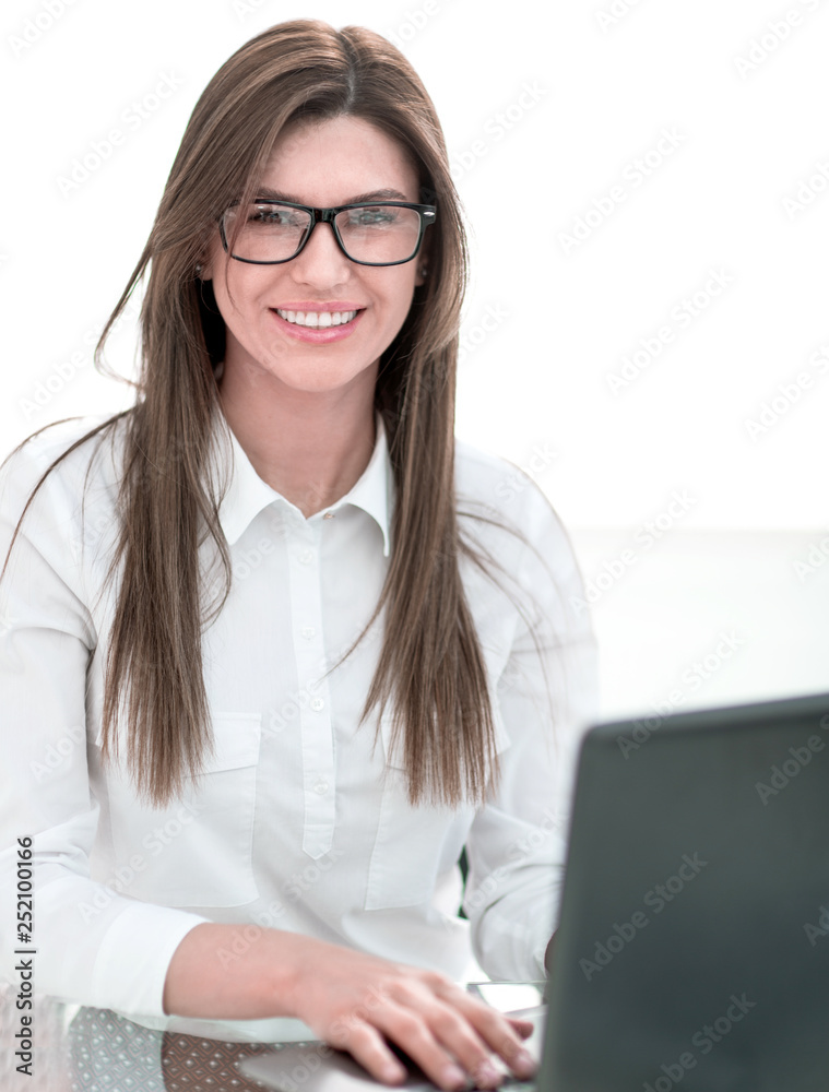 Poster close up.business woman sitting at her Desk