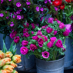 Anemones, ranunculus, and carnations in bouquets for sale