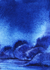 Abstract watercolor night landscape in blue tones. Thick thickets of lush bushes on the shore of a quiet lake or river. Hand-drawn illustration.