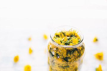Dandelions in a glass jar on a white background