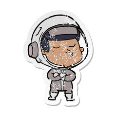 distressed sticker of a cartoon confident astronaut