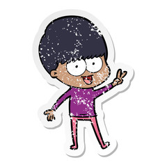 distressed sticker of a happy cartoon boy waving