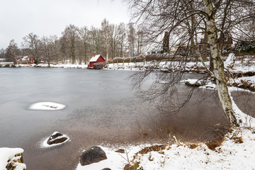 Winter scenery at the lake in Olofstrom, Sweden