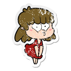distressed sticker of a cartoon whistling girl