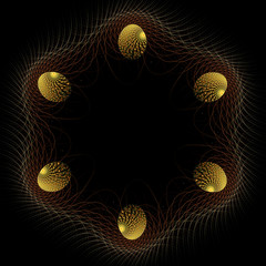 Abstract fractal. Computer generated. Gold textured eggs on a black background.