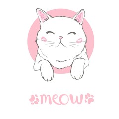 Vector hand drawn cute cat's face saying Hello. Isolated illustration with lettering on white background
