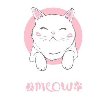 Vector hand drawn cute cat's face saying Hello. Isolated illustration with lettering on white background