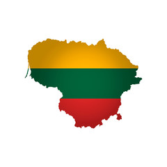 Vector isolated simplified illustration icon with silhouette of Lithuania map. National Lithuanian flag (yellow, green, red colors). White background