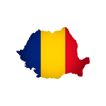 recommend clip art: Vector isolated simplified illustration icon with silhouette of Romania map. National Romanian flag (red, yellow, blue colors). White background