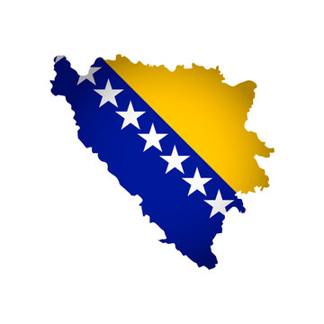 recommend clip art: Vector isolated simplified illustration icon with silhouette of Bosnia and Herzegovina map. National flag (blue, yellow, white colors). White background