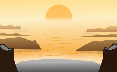 Fototapeta na wymiar Seascape vector background, landscape mountains and sunset. Panorama of sunset