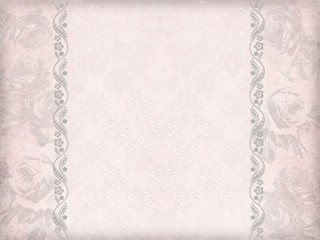 Faded pink paper sheet with faded roses, borders, ornate pattern on background and grunge effects. 