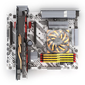 Simulation of CPU overheating Motherboard complete with RAM and video card solated on white background 3d render
