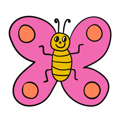 Cartoon doodle butterfly isolated on white background. Vector illustration. 