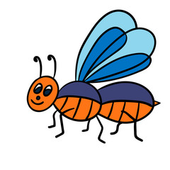 Cartoon doodle linear midge, fly isolated on white background. Vector illustration.   