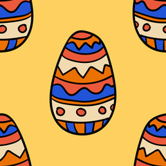 Seamless pattern with cartoon, doodle Easter egg with ornament. Vector illustration.
