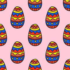 Seamless pattern with cartoon, doodle Easter egg with ornament. Vector illustration.