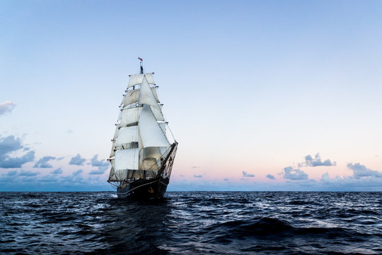 German brig roald amundsen sailing on the atlantic at sunset