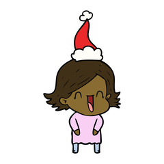 line drawing of a laughing woman wearing santa hat