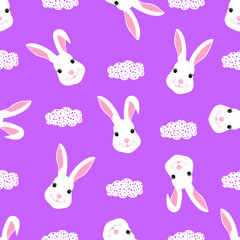Funny white rabbit baby background for design clothes, nursery. Cute bunny seamless pattern