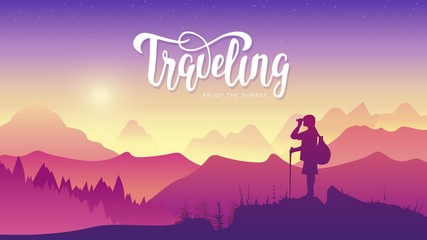 Tourist traveler with binoculars at sunset. Extreme hike in the wild illustration. Mountain view of nature vector.  mountaineering sport lifestyle concept. Active hiker enjoying the view