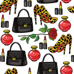 Colorful vector seamless pattern of female wardrobe items. Handbag, high-heeled shoes, perfume, flower, lipstick, isolated from white background. Design of objects for printing on textiles, flyers