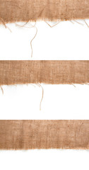 Clean sackcloth fabric worn edges, detail closeup on white background. - obrazy, fototapety, plakaty