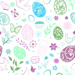 Seamless pattern of eggs, flowers, cakes, hen, chicken and other Easter symbols, multicolored on white