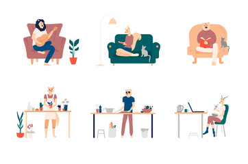 Playing guitar, eating sushi, surfing internet, listening to music, reading books, cooking. Bundle of young men and women spending weekend at home. Colored vector illustration in flat cartoon style
