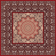 Ancient Arabic pattern. Red Persian carpet with rich ornament for fabric design, handmade, interior decoration, textile.