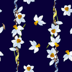 White yellow daffodils on a bark blue background. Seamless pattern