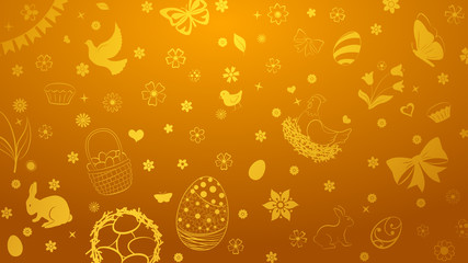 Background of eggs, flowers, cakes, hare, hen, chicken and other Easter symbols in golden colors